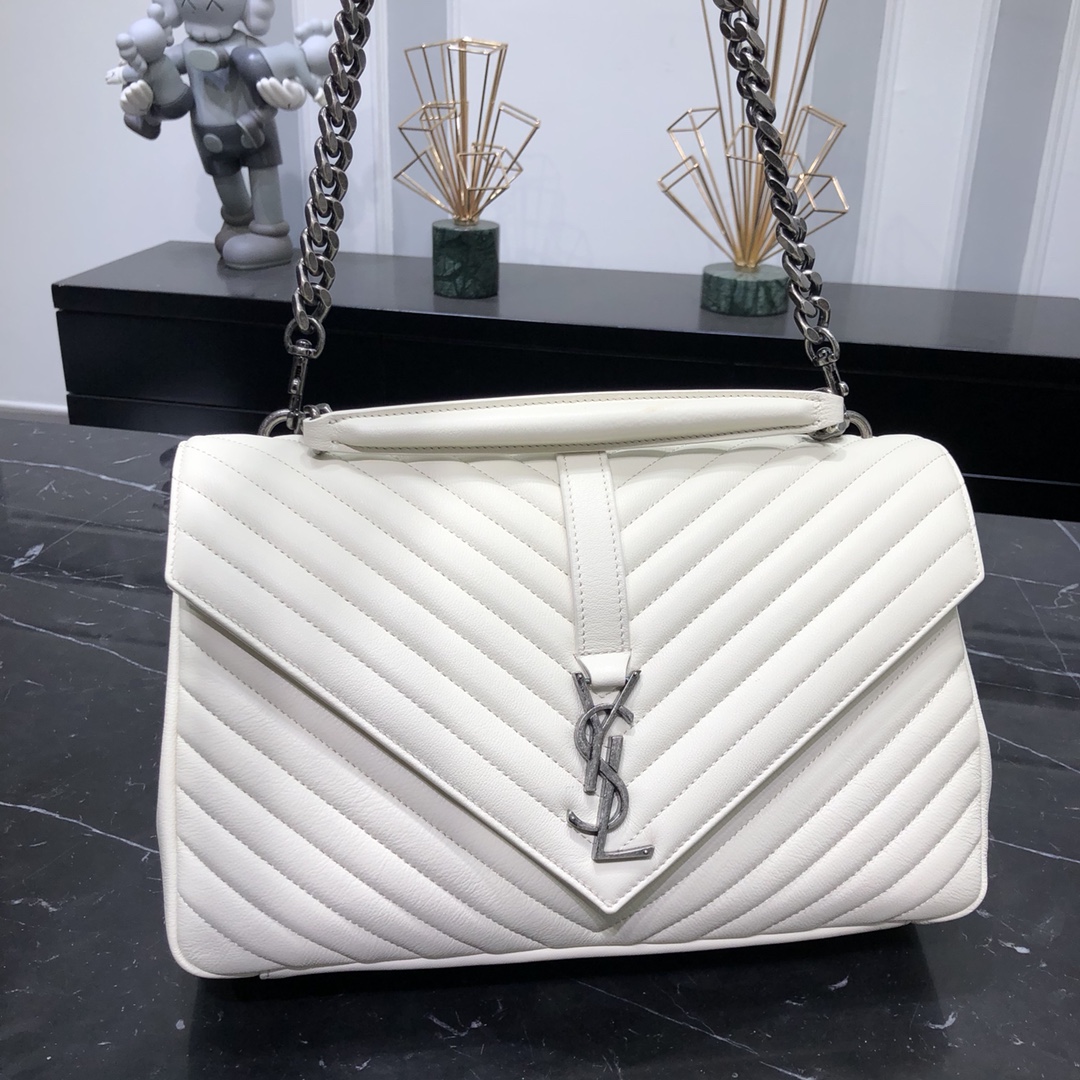 Saint Laurent Lambskin College Handbag Shoulder Bag White 392738 Silver